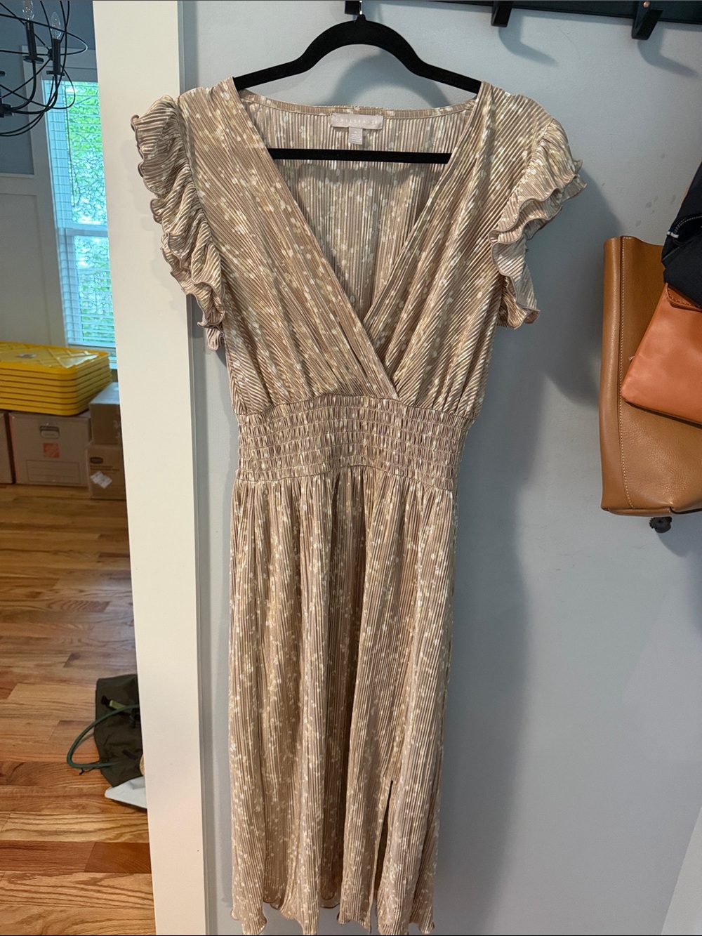 Chelsea28 Taupe Pleated V‑Neck Midi Dress with Flutter Sleeves